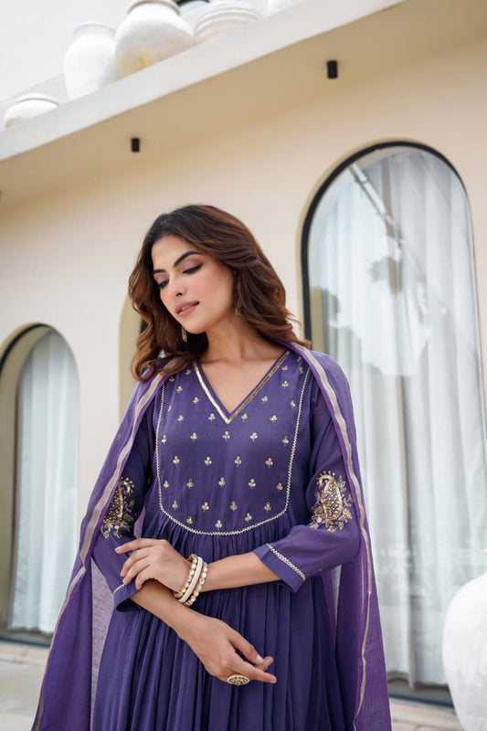Purple Mul Chanderi Kurta Pant Dupatta Set