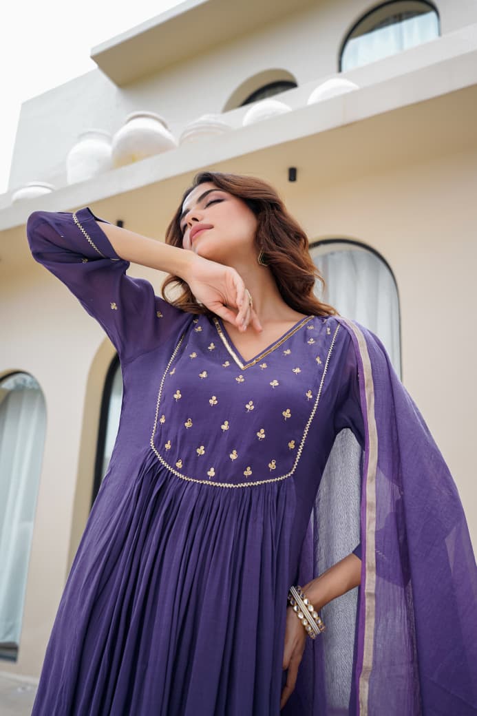 Purple Mul Chanderi Kurta Pant Dupatta Set