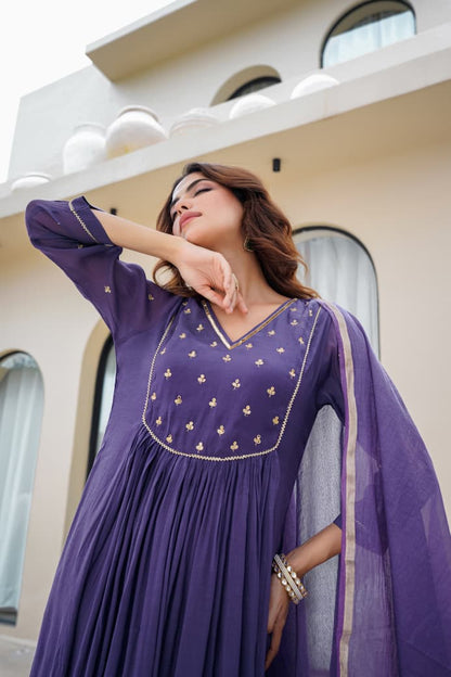 Purple Mul Chanderi Kurta Pant Dupatta Set - Suit Set Kurti Pant Dupatta Set