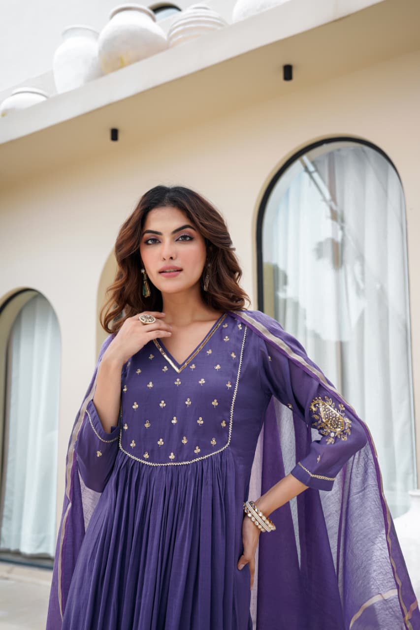 Purple Mul Chanderi Kurta Pant Dupatta Set