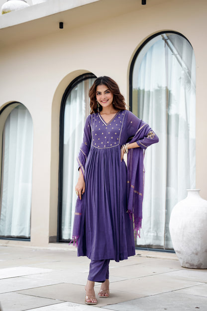 Purple Mul Chanderi Kurta Pant Dupatta Set - Suit Set Kurti Pant Dupatta Set