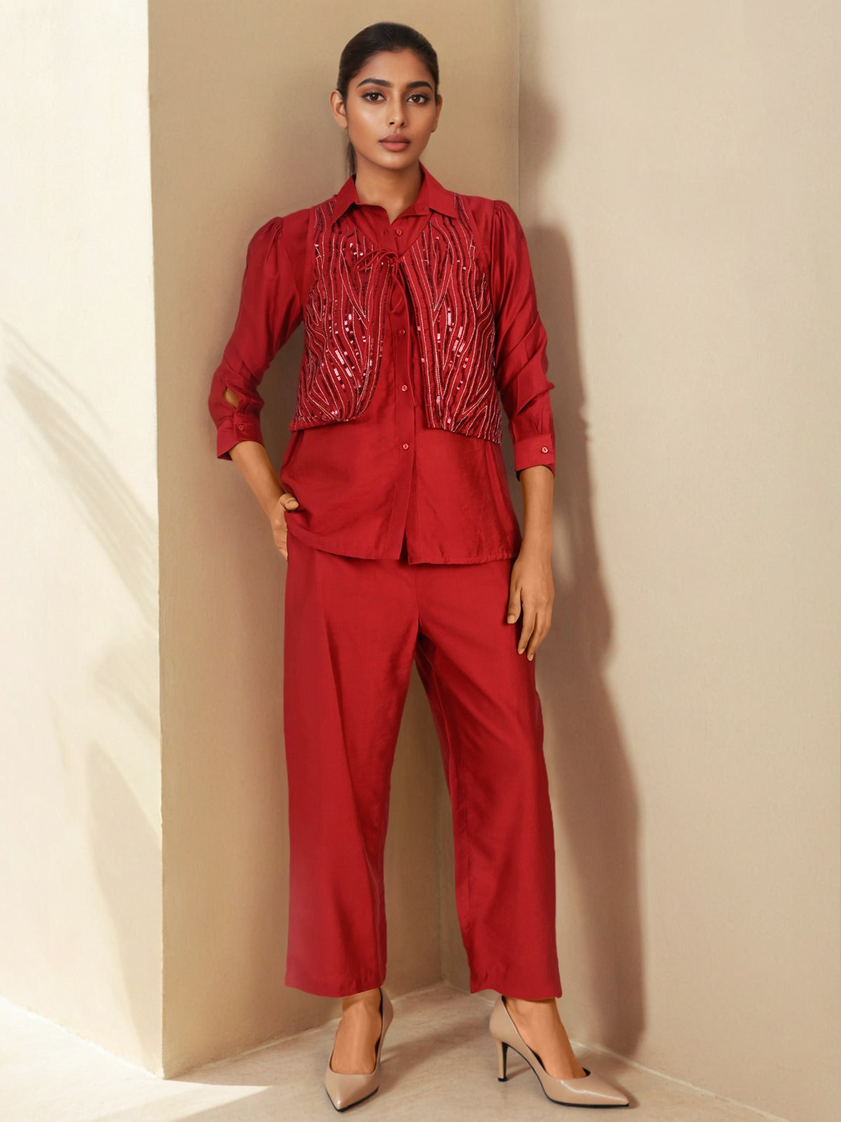 Maroon Sequin Partywear Waistcoat Co-Ord set