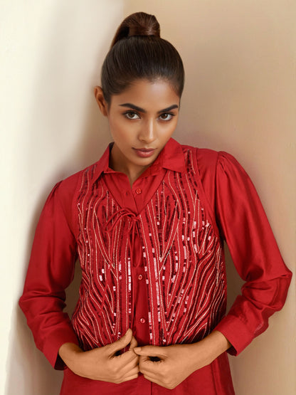 Maroon Sequin Partywear Waistcoat Co-Ord set - Coord Set for Women