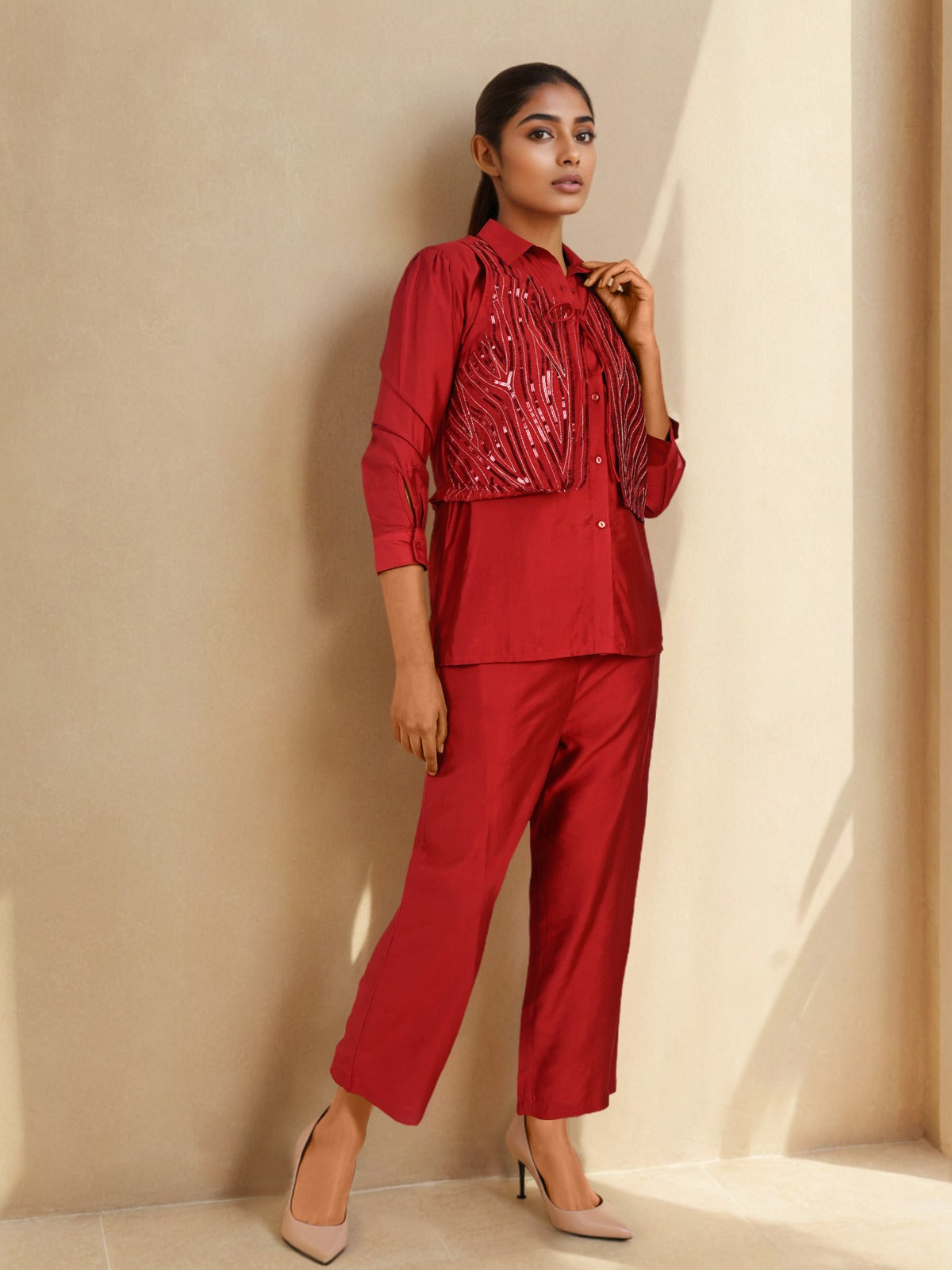 Maroon Sequin Partywear Waistcoat Co-Ord set