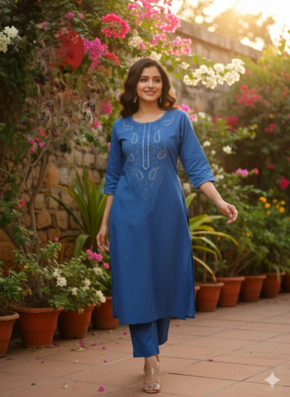 Blue Embroidered Office Wear Kurta Pant Set for Women - Kurti Pant Set