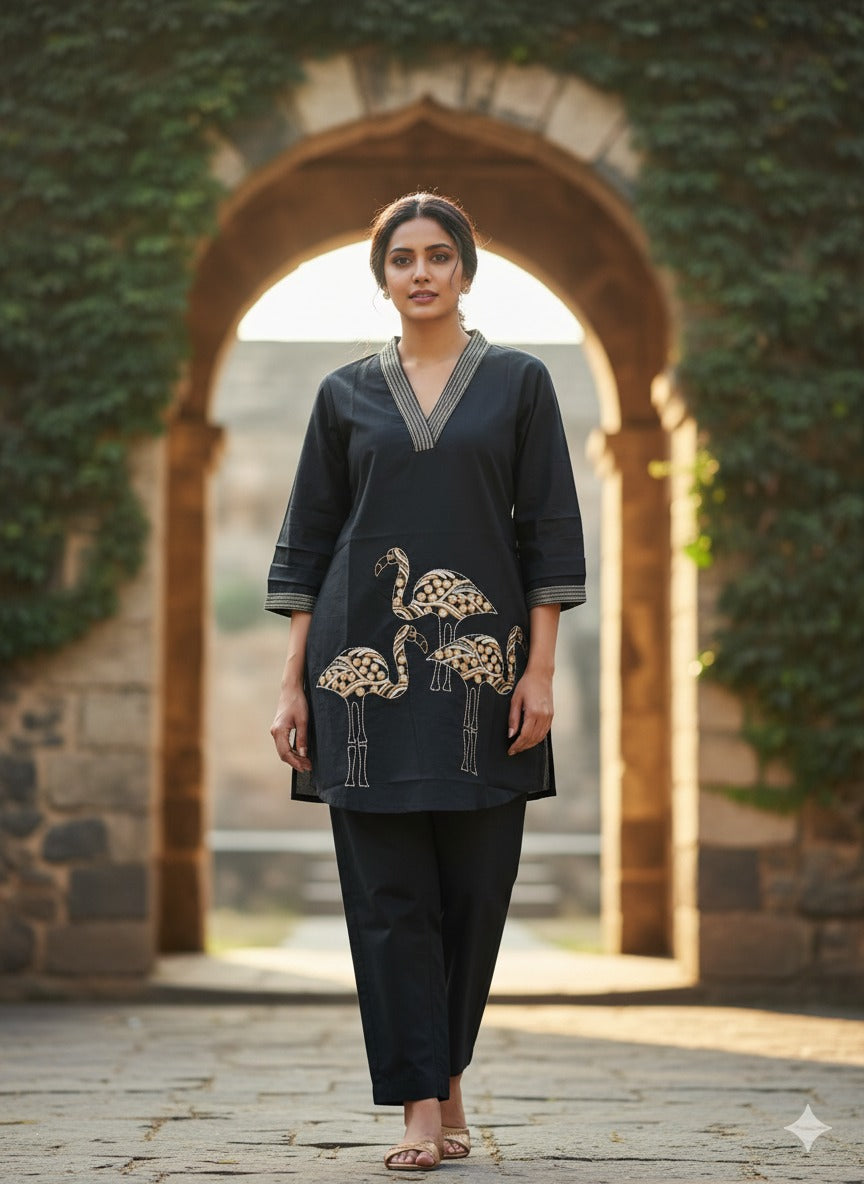Black Ostrich Embroidered Cotton Co-Ord Set