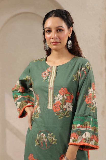 Earthy Green Cotton Printed Kurta Pant Set - Kurti Pant Set