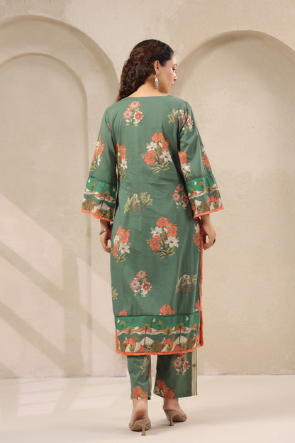 Earthy Green Cotton Printed Kurta Pant Set - Kurti Pant Set