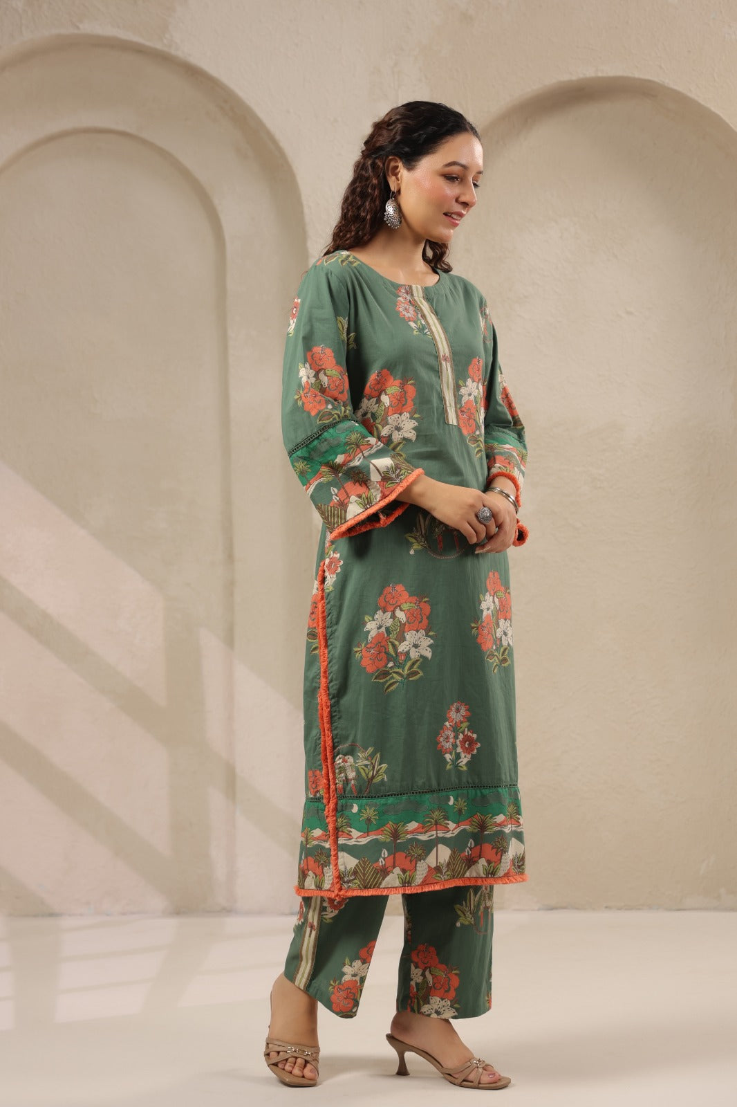 Earthy Green Cotton Printed Kurta Pant Set