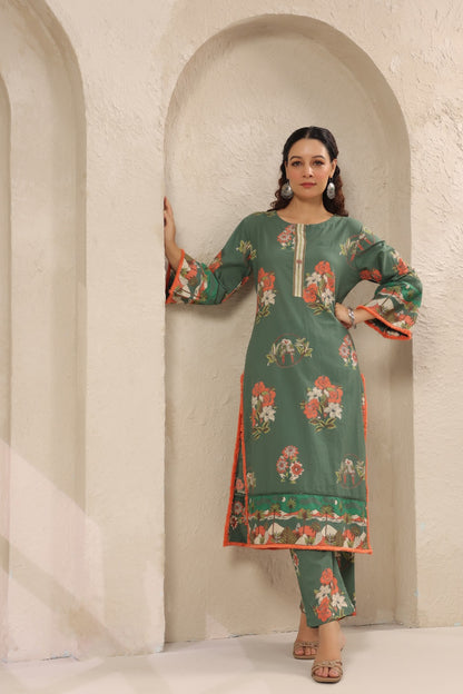 Earthy Green Cotton Printed Kurta Pant Set - Kurti Pant Set