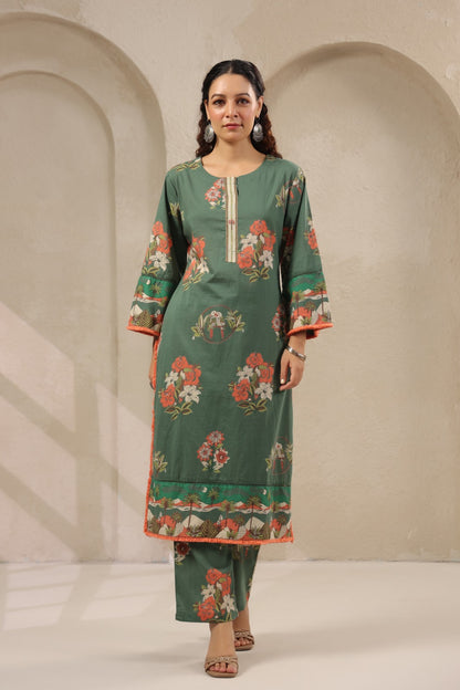 Earthy Green Cotton Printed Kurta Pant Set - Kurti Pant Set