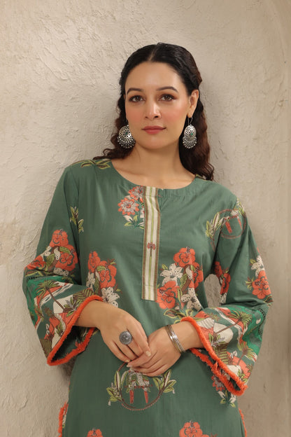 Earthy Green Cotton Printed Kurta Pant Set - Kurti Pant Set