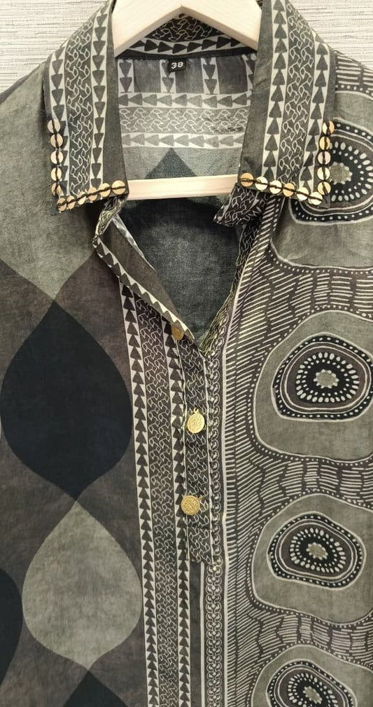 Grey Ajrakh Printed Indo-Western Crepe Shirt Top