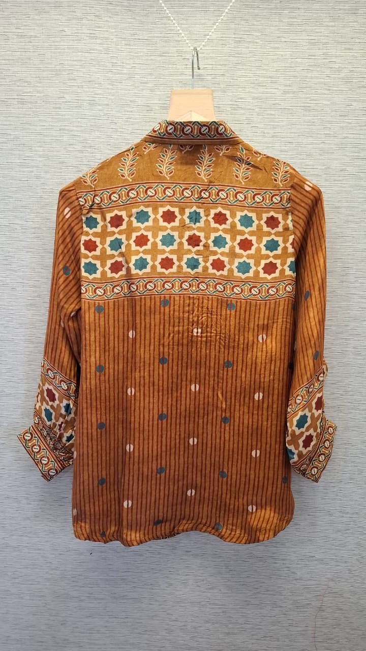 Yellow Ajrakh Printed Indo-Western Crepe Shirt Top