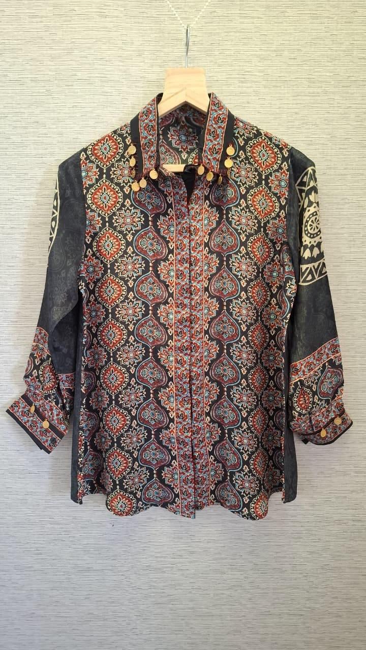 Charcoal Ajrakh Printed Indo-Western Crepe Shirt Top