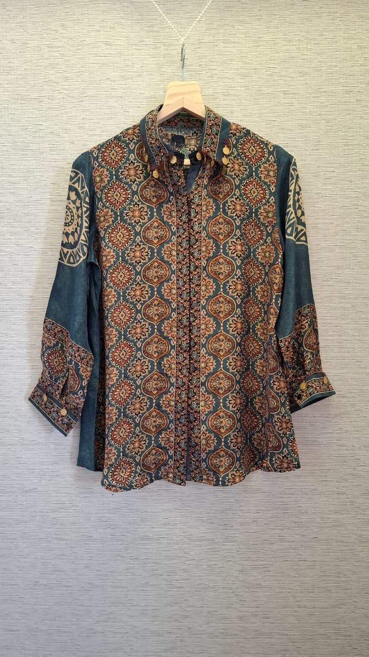 Teal Blue Ajrakh Printed Indo-Western Crepe Shirt Top