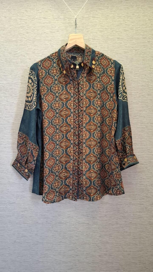 Teal Blue Ajrakh Printed Indo-Western Crepe Shirt Top