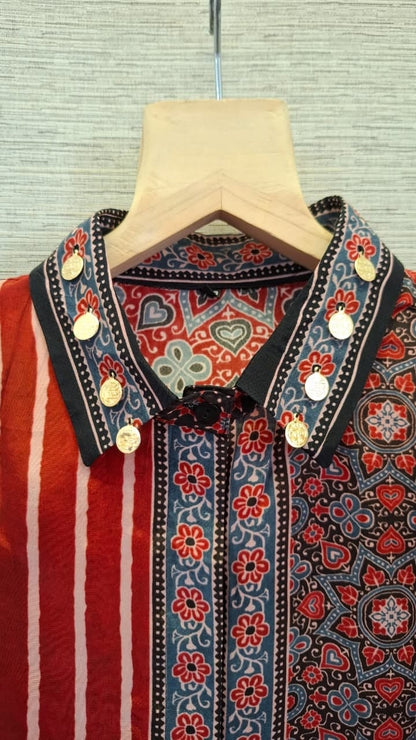 Stripe Red Ajrakh Printed Indo-Western Crepe Shirt Top - shirt