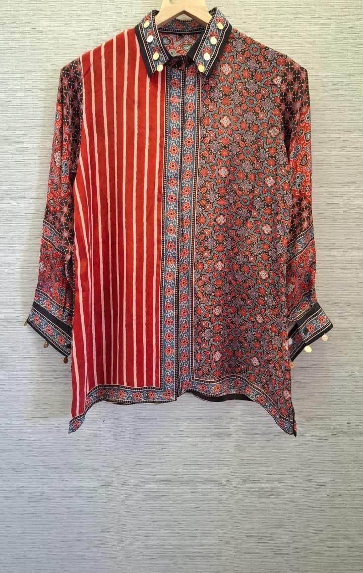 Stripe Red Ajrakh Printed Indo-Western Crepe Shirt Top
