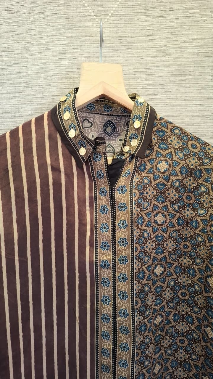 Stripe Brown Ajrakh Printed Indo-Western Crepe Shirt Top