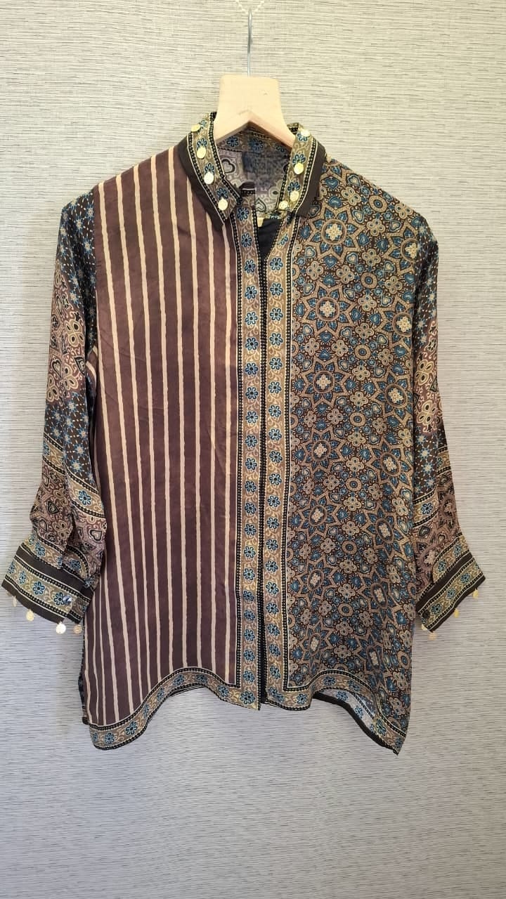 Stripe Brown Ajrakh Printed Indo-Western Crepe Shirt Top