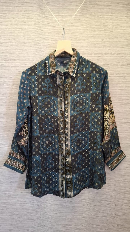 Blue Ajrakh Printed Indo-Western Crepe Shirt Top