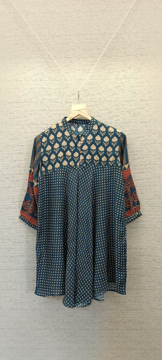Blue Muslin Flared Kurti with Printed Sleeves for Women