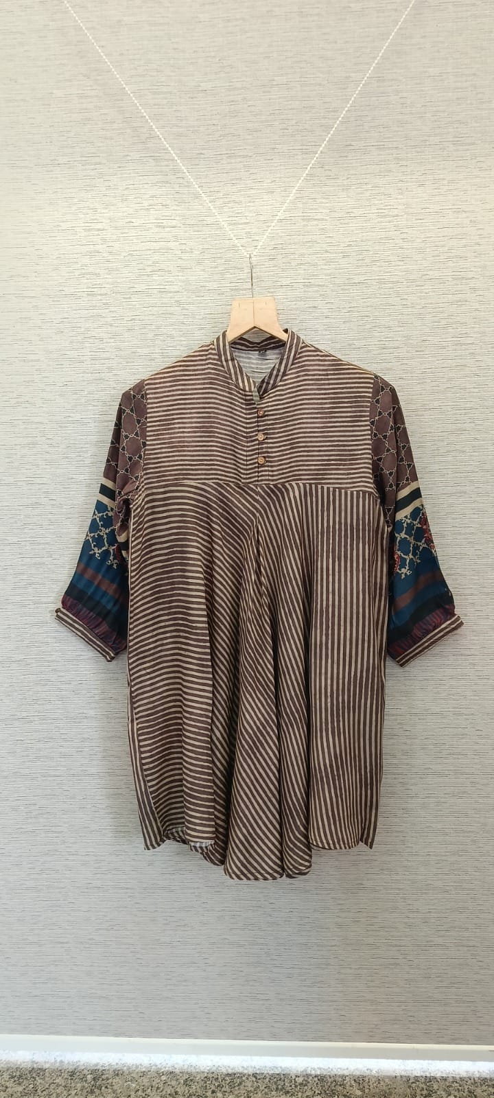 Brown Muslin Flared Kurti with Printed Sleeves for Women