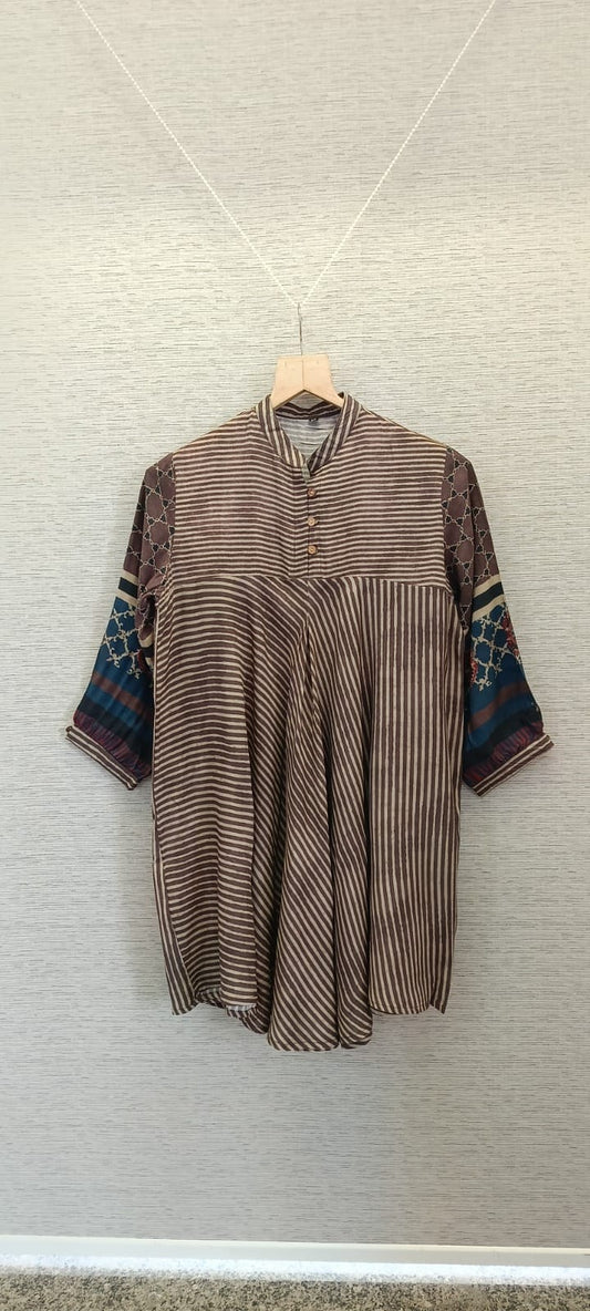 Brown Muslin Flared Kurti with Printed Sleeves for Women