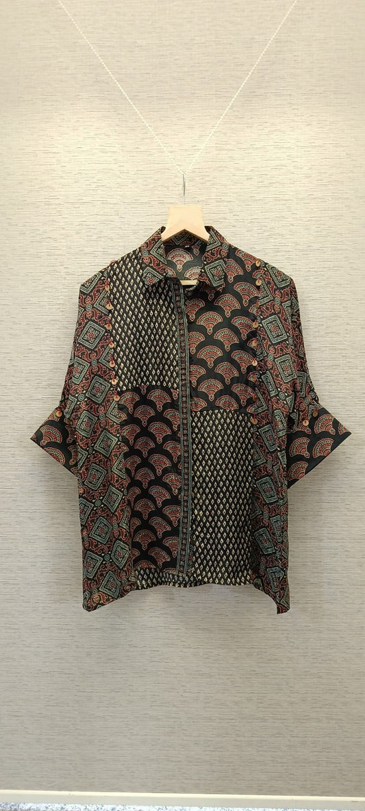 Black Ajrakh Printed Indo-Western Crepe Shirt Top