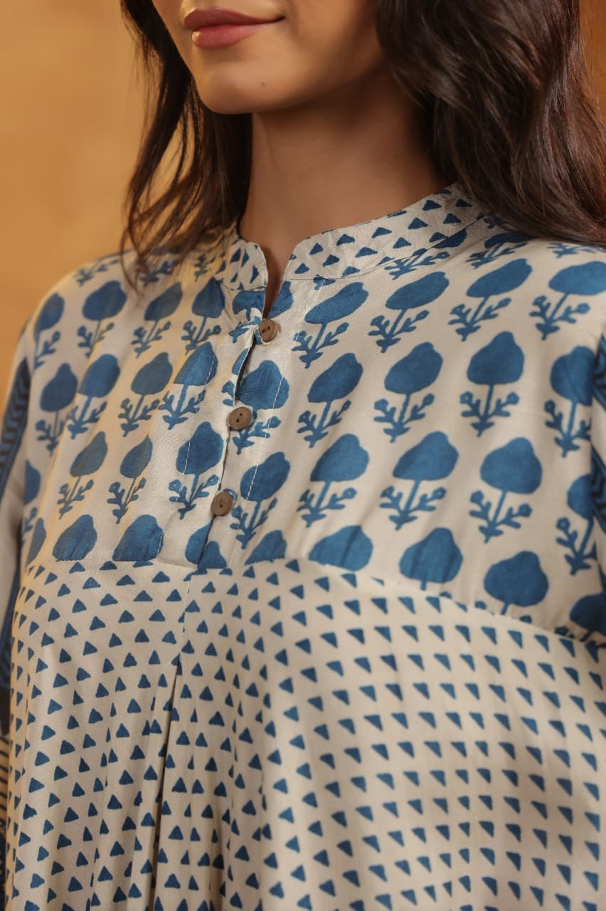 Blue Beige Muslin Flared Kurti with Printed Sleeves for Women