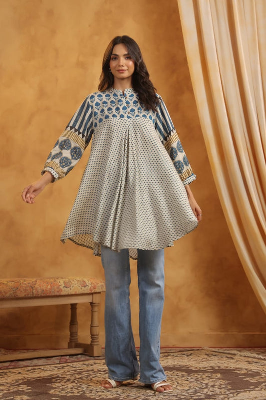 Blue Beige Muslin Flared Kurti with Printed Sleeves for Women