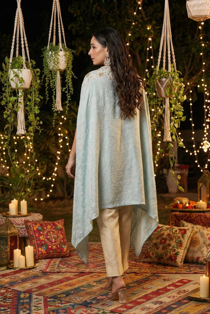 Pastel Blue Indo Western Kaftan Kurta Set for Women | Embroidered Co-Ord - Kaftan Pant Set