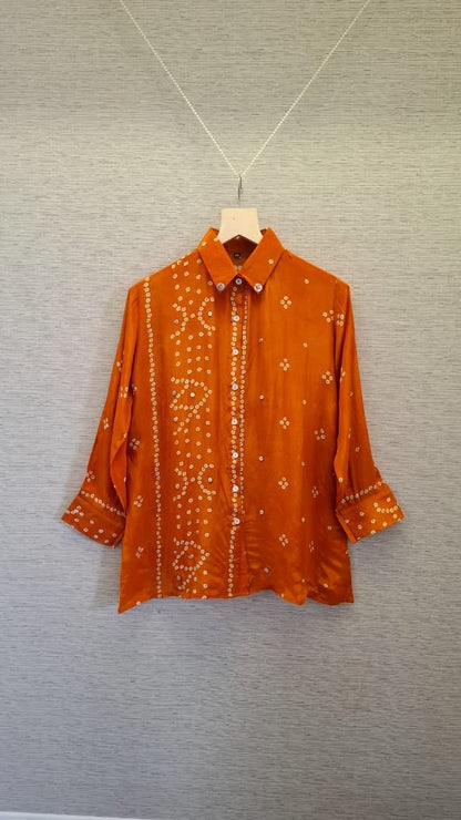 Orange Bandhani Printed Indo-Western Crepe Shirt Top