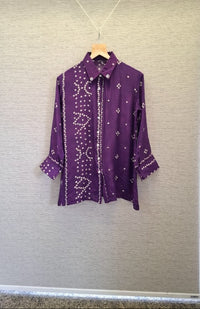 Purple Bandhani Printed Indo-Western Crepe Shirt Top