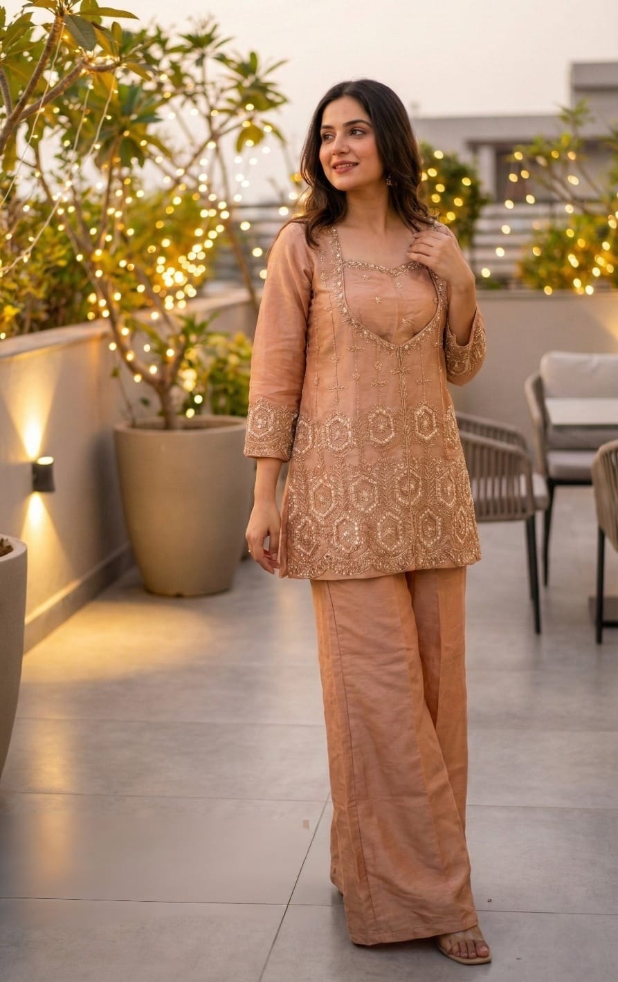 Peach Tissue Indo-Western Set- Blouse Kurta and Palazzo - Kurti Pant Set
