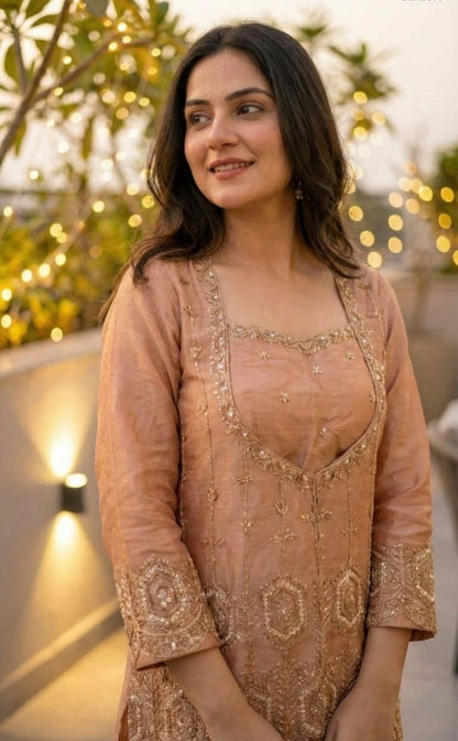 Peach Tissue Indo-Western Set- Blouse Kurta and Palazzo - Kurti Pant Set