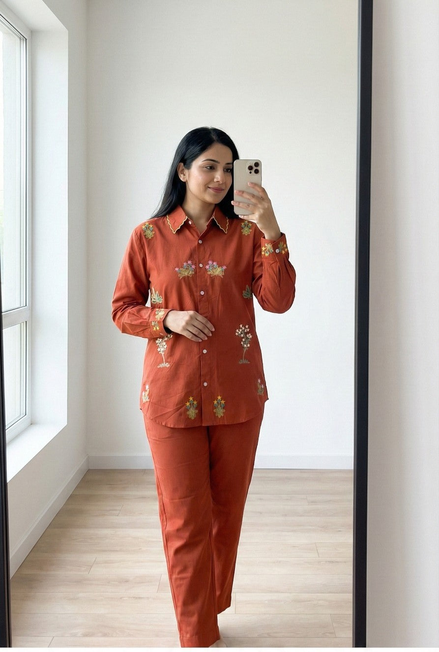 Brown Floral Mul Cotton embroidered Co-Ord set