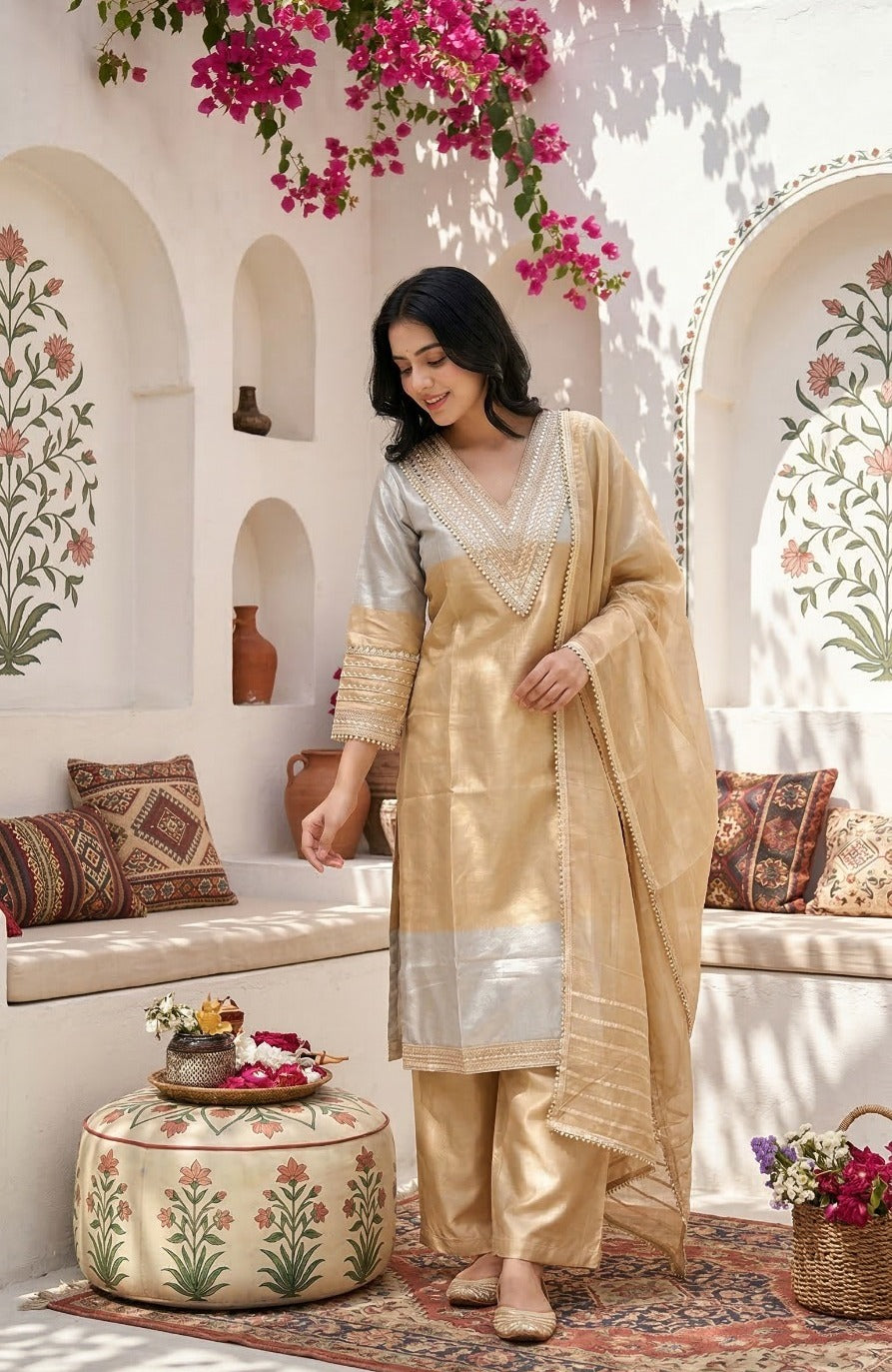 Golden Silver Tissue Fabric Kurta Pant Dupatta set