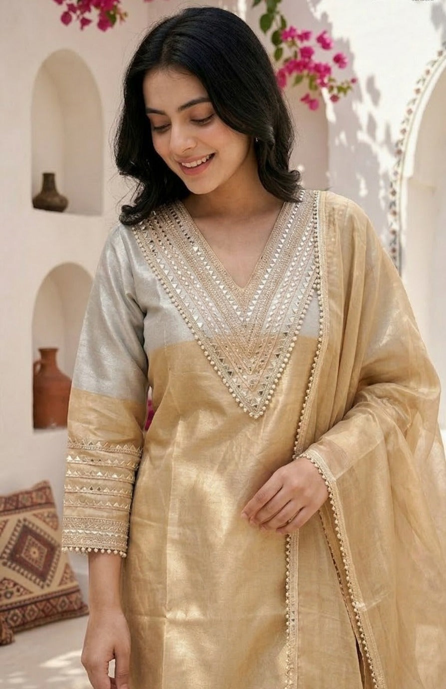 Golden Silver Tissue Fabric Kurta Pant Dupatta set