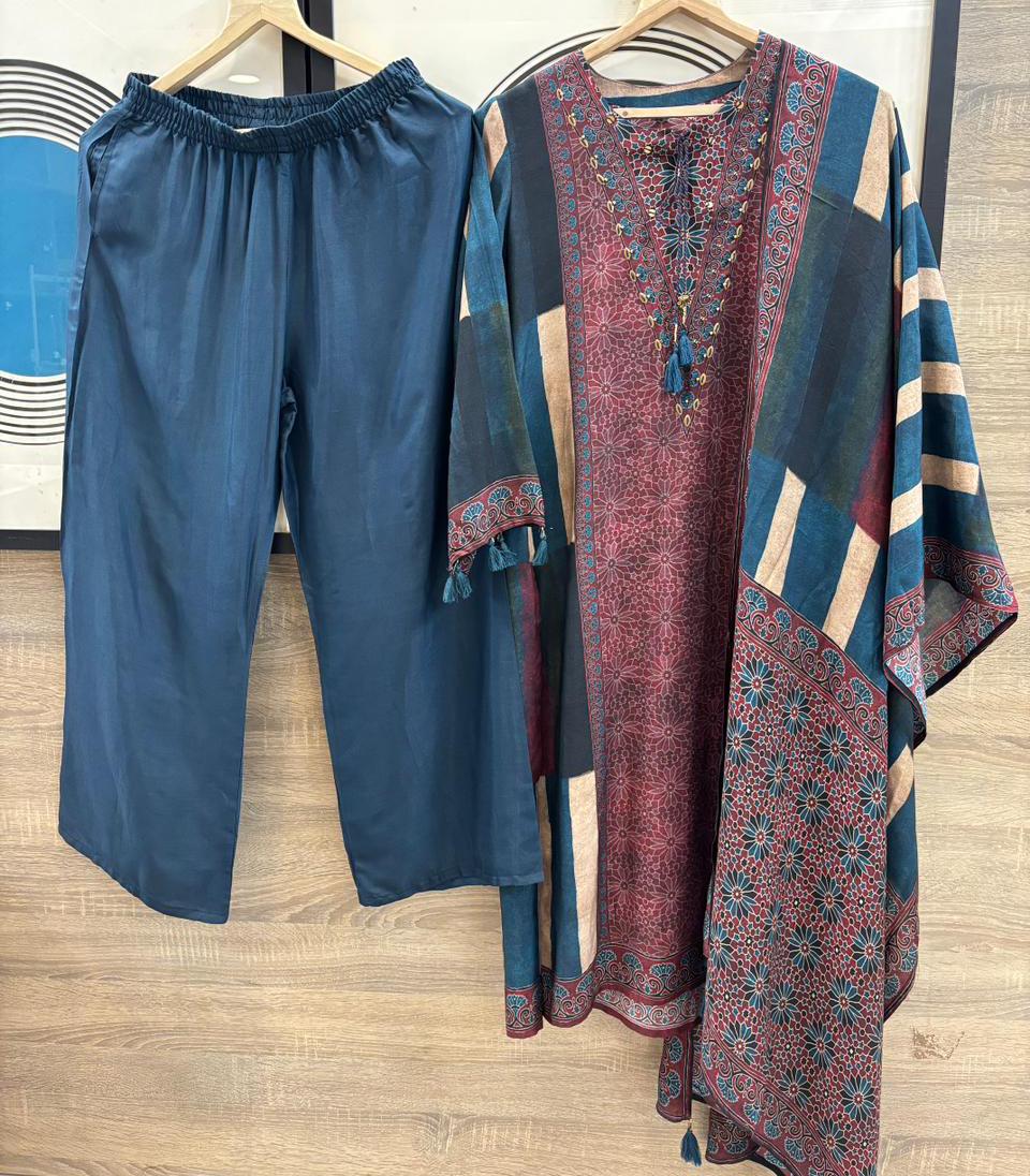 Ajrakh Blue Beige Stripe Kurta Pant Dupatta set
