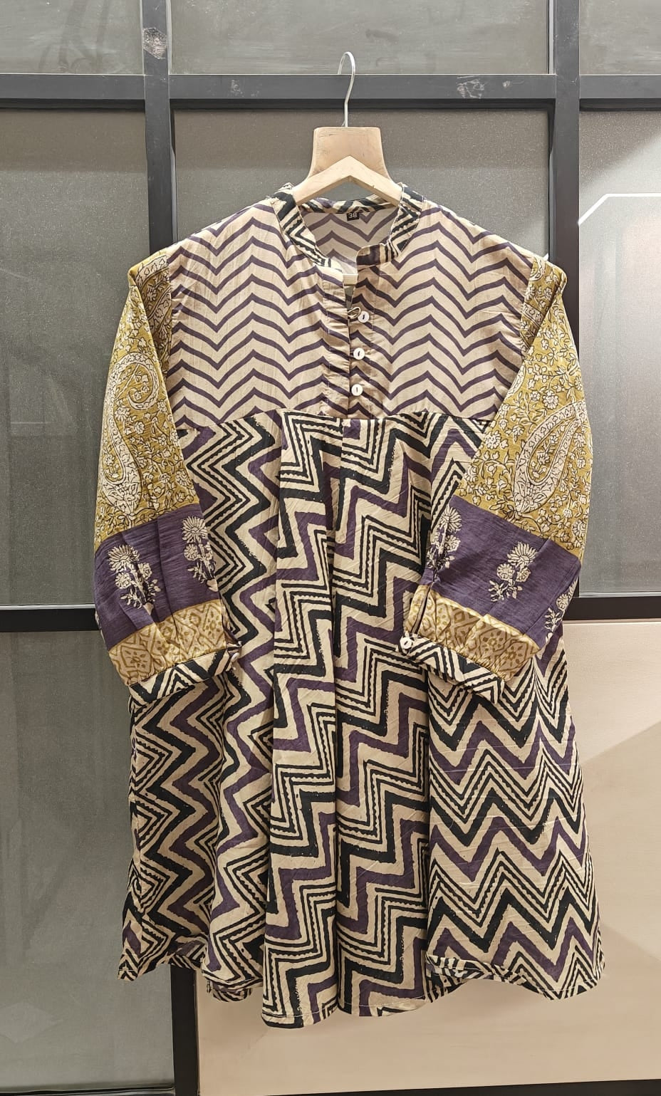 Yellow Purple Chevron Print Fusion A-Line Kurti for Women