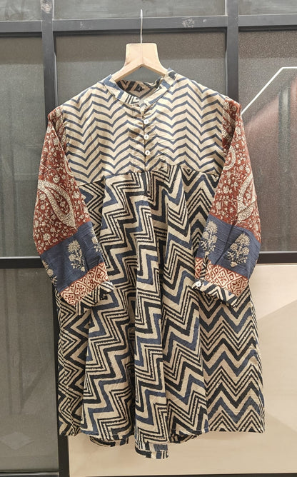 Red Blue Chevron Print Fusion A-Line Kurti for Women
