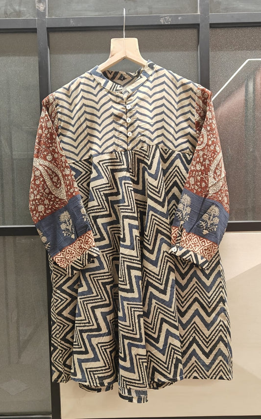 Red Blue Chevron Print Fusion A-Line Kurti for Women