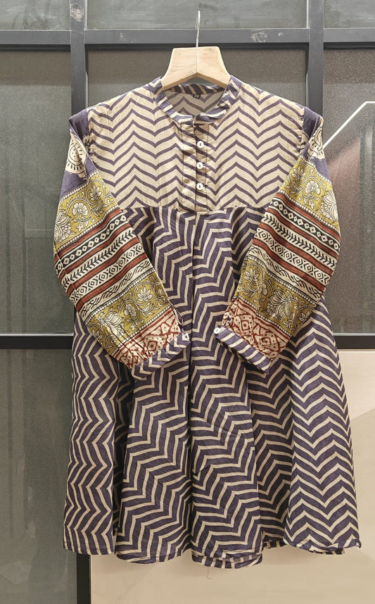 Purple Yellow Red Chevron Print Fusion A-Line Kurti