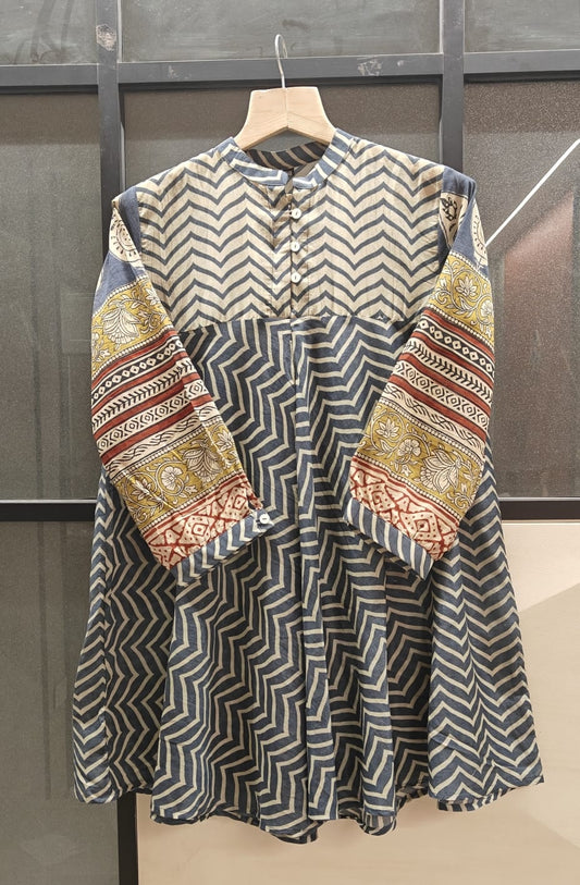 Blue Yellow Red Chevron Print Fusion A-Line Kurti