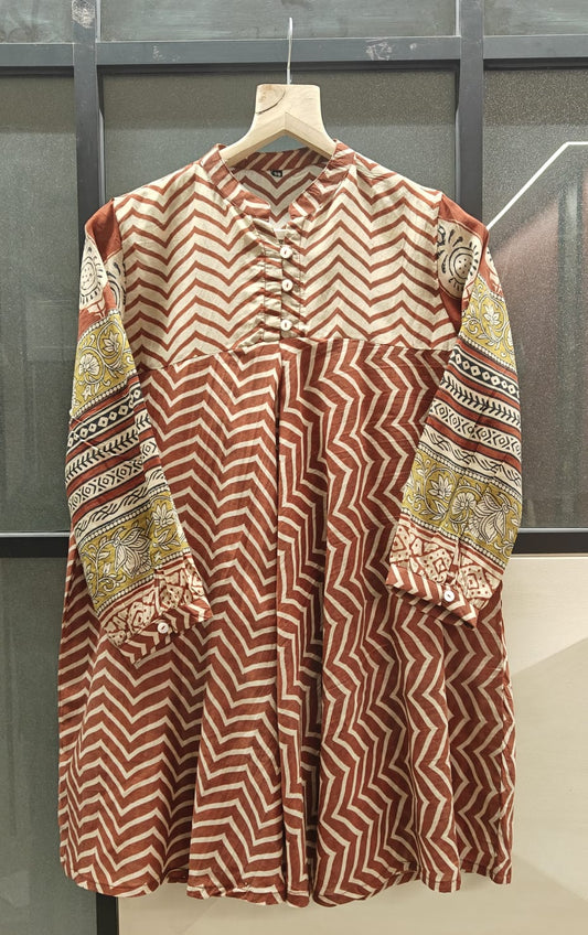 Rust Chevron Print Cotton A-Line Kurti for Women
