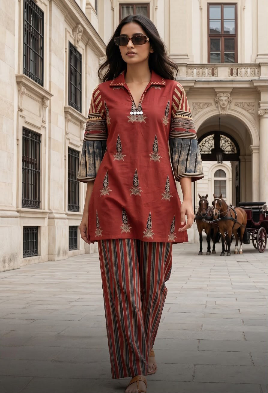 Maroon Ethnic Print Cotton Short Kurta with Striped Pants