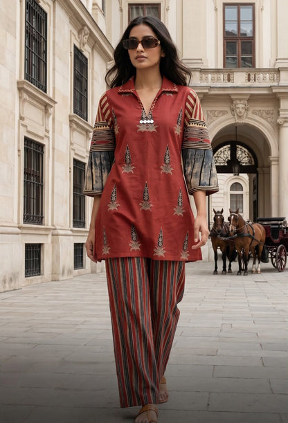 Maroon Ethnic Print Cotton Short Kurta with Striped Pants