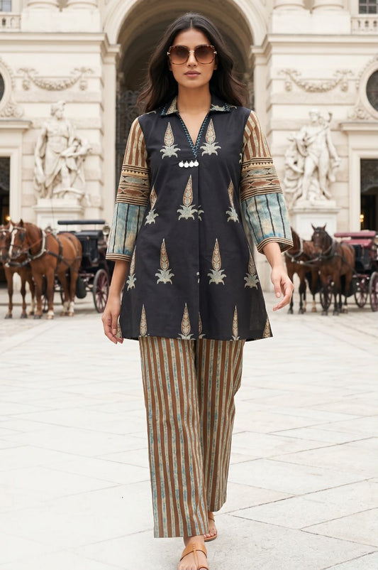 Black Ethnic Print Cotton Short Kurta with Striped Pants